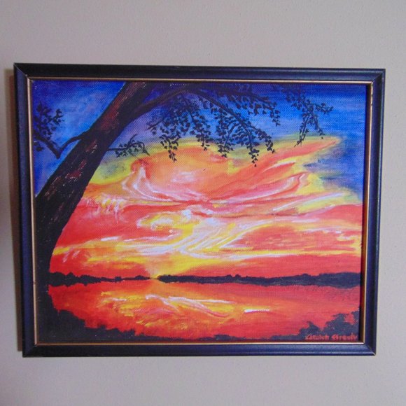 Sunset, Original Acrylic Painting, 9 x 12, Vibrant Colors - Picture 2 of 7